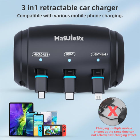 Multi Retractable Car Charger Station - Headrest 3 in 1 Charging Box with Fast 36W QC 3.0 Charger Adapter