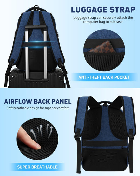 Laptop Backpack for Women & Men, Anti Theft Slim Computer Bag with USB Charging Port, Water Resistant, Blue