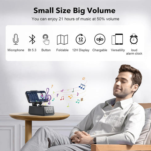 Deeyaple 3 in 1 Wireless Bluetooth Speaker with Loud Alarm Clock Cell Phone Stand TF Card Reader 12H Display Mic HD Surround Sound Cell Phone Tablet Men/Women Gift (Crow Black)