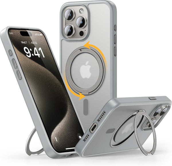 andobil Case for iPhone 15 Pro Max with 360° Ring Stand, Military Drop Protection, Slim Magnetic - Natural Titanium