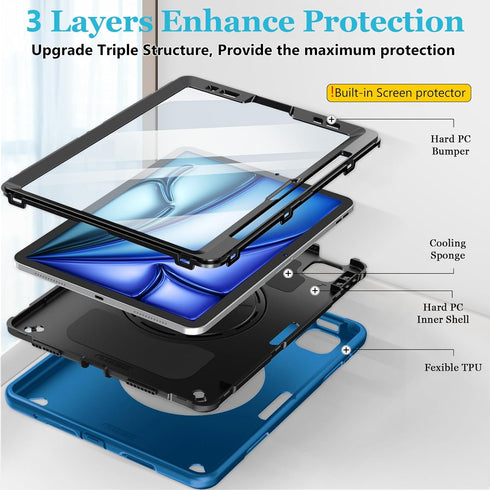 iPad Air Case for 6th/5th/4th Generation (2024/2022/2020) - Blue Cover with Screen Protector, Stand, Handle, Strap,