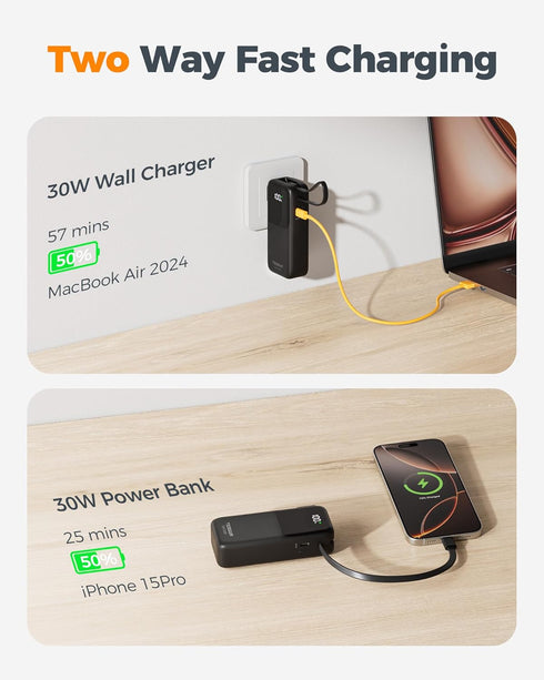 TESSAN 10000mAh, 30W Pack 3 1 17/16/15 Portable Charger Power Bank USB C Battery Built in USB C Cable with Foldable