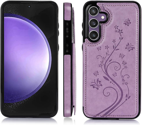 Asuwish Wallet Cover Phone Case for Samsung Galaxy S23 FE 5G, with Tempered Glass Screen Protector, Purple