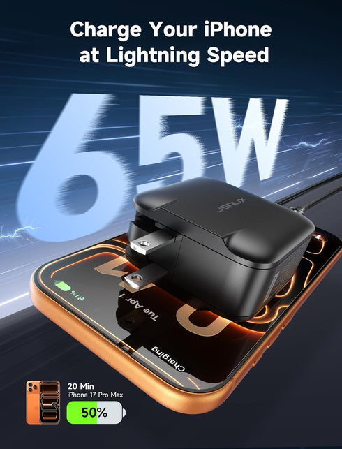 JSAUX 65W 3-Port 6.6FT 17, 2, USB C Wall Charger, GaN Fast Charger Block with Foldable Plug, Includes USB C Cable