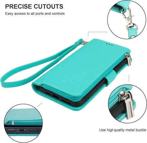 KIHUWEY Wallet Case for iPhone 12 Pro Max, Premium Leather Zipper with Card Holder and Wrist Strap - Mint Green