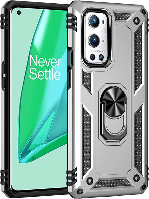 Military Grade Drop Impact Case for Oneplus 9 Pro, 360 Metal Rotating Ring Kickstand Holder, Shockproof (Silver)