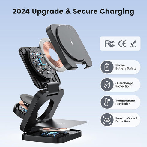 3 in 1 Charging Station for Apple, Foldable Mag-Safe Portable Charger Dock for iPhone 16 15 14 13 12, Apple Watch,