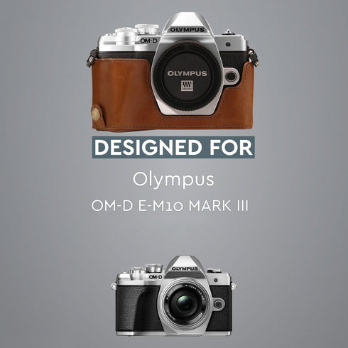 MegaGear MG1352 Olympus OM-D E-M10 Mark III Leather Camera Half Case and Strap, Light Brown