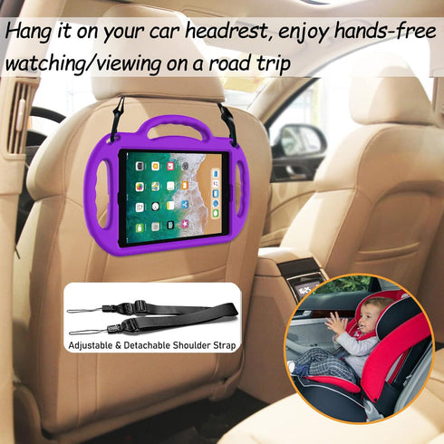 LTROP Kids Case for iPad 5th/6th Generation & Air 2, Shockproof Bumper Cute Kid Case with Shoulder Strap (Purple)