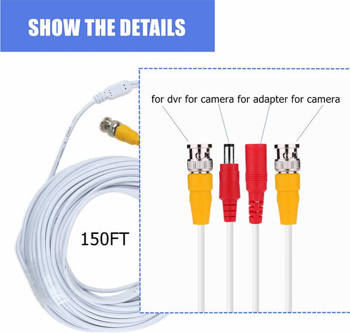 150ft White BNC Video Power Cable for Zosi CCTV DVR Security Cameras