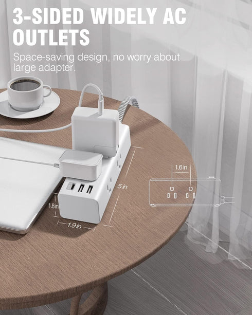 Power Strip Surge Protector, 6 Widely Outlets with 3 USB Ports (1 USB C), 5 Ft Extension Cord Flat Plug for Home Office