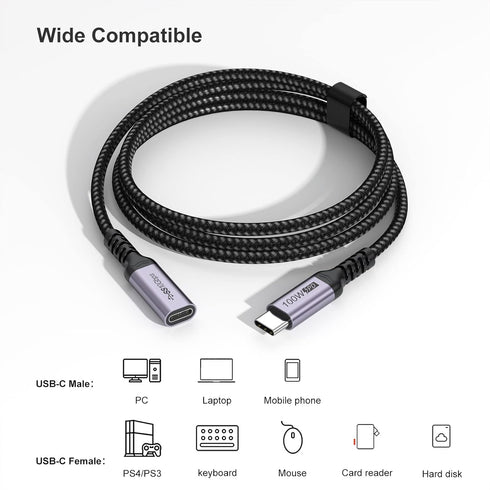 USB C Extension Cable 6.6ft, Type C Male to Female, 100W Fast Charging, 10Gbps Transfer, Compatible with Laptop,