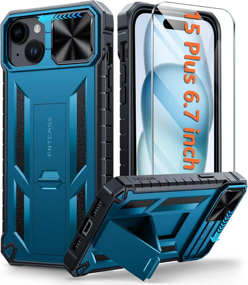 FNTCASE iPhone 15 Plus Case: Rugged Heavy Duty Shockproof Cover with Kickstand | Military Grade Drop Proof Blue TPU