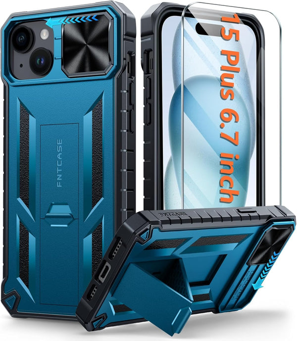 FNTCASE iPhone 15 Plus Case: Rugged Heavy Duty Shockproof Cover with Kickstand | Military Grade Drop Proof Blue TPU