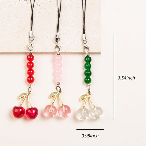 ZIZYLLE 3 Pack Cherry Phone Charm Strap Beaded Phone Chain in Red, Pink and Green, Aesthetic Cute Cellphone Accessories
