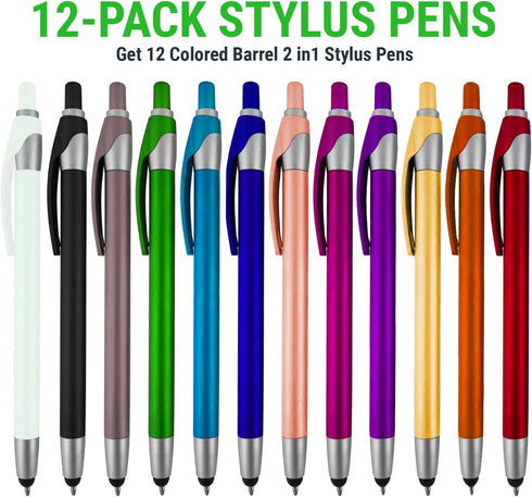 Stylus for Touch Screens Pen with Ball Point Pen,for Universal Touch Screen Devices, for Phones, Ipads,Tablets, iPhone, Samsung Galaxy etc. Assorted Colors (Metallic 12 Pack)