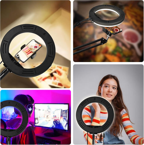 Overhead Camera Mount with 8" RGB Ring Light, Articulating Arm Phone Mount for YouTube Live Stream and Video Recording