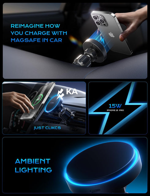 LISEN for MagSafe Car Mount Charger, 20 Strong Magnets, Hands Free 15W Wireless Charger for iPhone 15