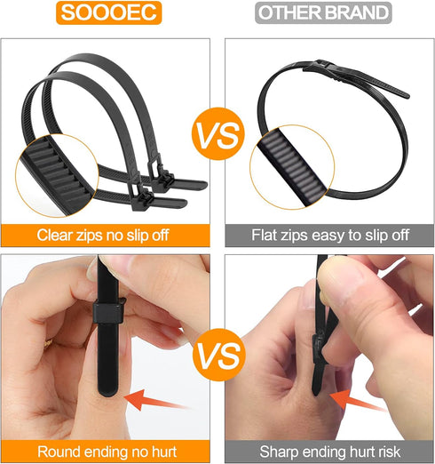 200 Pack 6+8+10+12 inch SOOOEC Reusable Zip Ties Assorted Sizes UV Resistant, Black Zip Ties Heavy Duty Outdoor