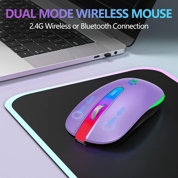 FUWANG Wireless Mouse, Rechargeable LED Bluetooth Mouse, Portable USB Optical 2.4G Wireless Computer Mice (Purple)