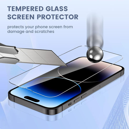 Maxdara iPhone 14 Pro Screen Protector 6 in 1, 9H Hardness, Ultra HD, 2 Pack Back & Front Glass, Camera Lens Protectors.