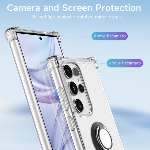 Galaxy S24 Ultra Case Clear with 360° Rotation Metal Ring Holder Stand, Soft TPU Bumper & Hard Protective Case for