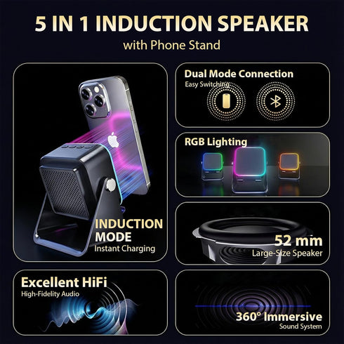 Strackvial 5-in-1 5000mAh 360Rotation, 5.3, Bluetooth Speaker with Wireless Induction & Phone Holder, Battery, RGB