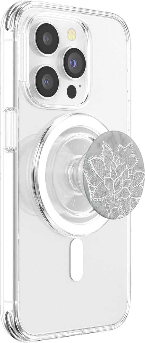 PopSockets MagSafe PopGrip for iPhone, White Grey Lotus Mandala Floral Geometric Sacred Yoga Gift