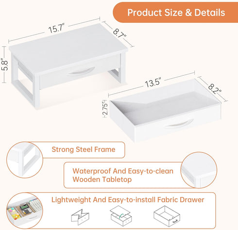 HEWORLIF Desk Organizers and Accessories, Computer Monitor Stand Riser with Drawer, White Laptop Stand for Desk