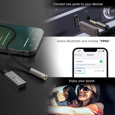 Bluetooth 5.3 to Aux Adapter for Car or Amp, USB to 3.5mm Female Bluetooth Receiver for Hands-Free Call