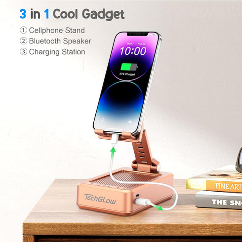 TechGlow Gifts for Men Women Foldable Cellphone Stand with Bluetooth Speaker and Charging Function Birthday Gift Idea