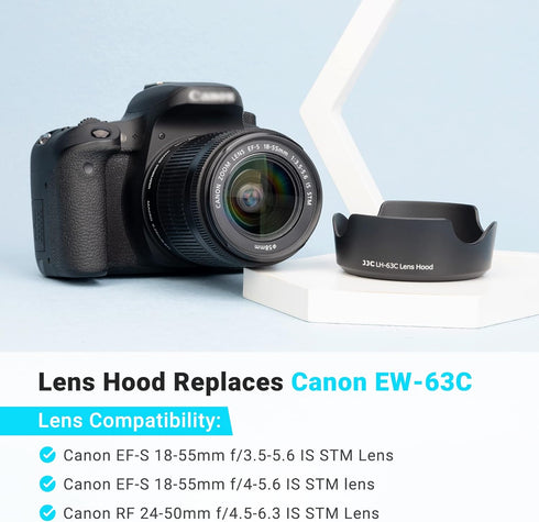 18-55mm Lens Hood Shade for Canon EF-S 18-55mm f/3.5-5.6 IS STM & RF 24-50mm f/4.5-6.3 IS STM Lens Replaces Canon EW-63C Hood for Canon Rebel T8i T7i T7 T6i SL3 SL2 EOS R8 R10 R7 90D 80D 77D
