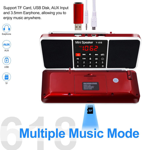 Multifunction Digital FM Radio Media Speaker by LEFON, MP3 Music Player with LED Screen, Red