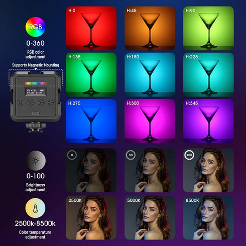 NEEWER Magnetic RGB Video Light, 360° Full Color RGB61 LED Camera Light with 3 Cold Shoe Mounts, 2500K-8500K