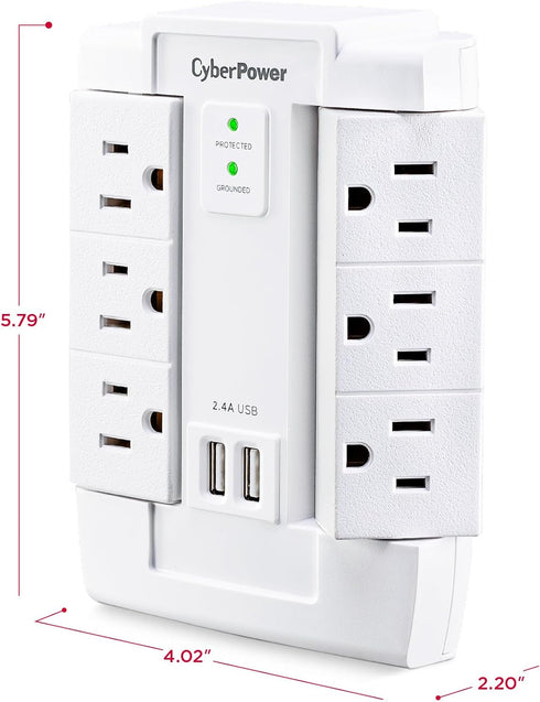 CyberPower CSP600WSURC2 Surge Protector, 1200J/125V, 6 Swivel Outlets, 2 USB Charging Ports, Wall Tap Design, White