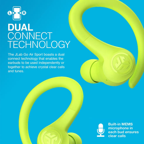 JLab Go Air Sport True Wireless Earbuds - Yellow, Featuring C3 Clear Calling, Secure Earhook Design, 32+ Hour Playtime