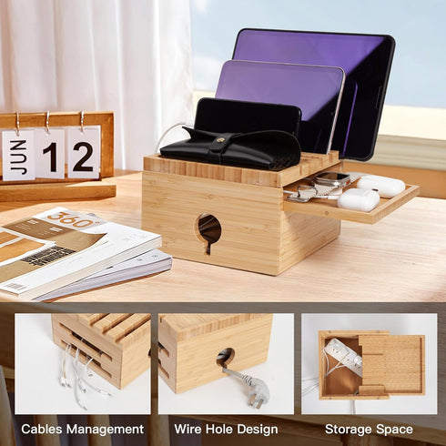 PERFECYEE Bamboo Charging Station for Multiple Devices, Nightstand Docking Station with Small Tray, Desktop Wood