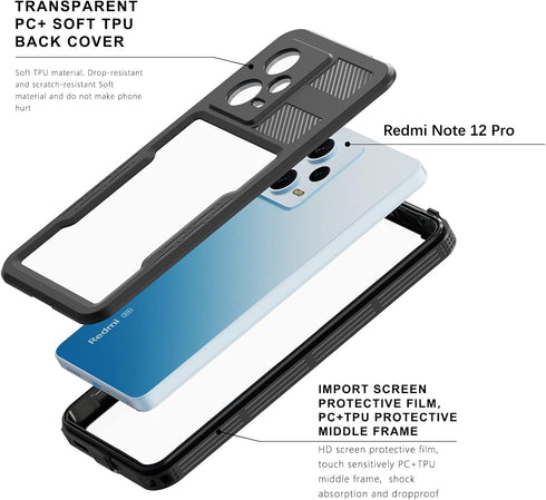 for Xiaomi Redmi Note 12 Pro IP68 Waterproof Case, Full-Body Sealed Slim Shockproof Dustproof Transparent Cover w/Hand