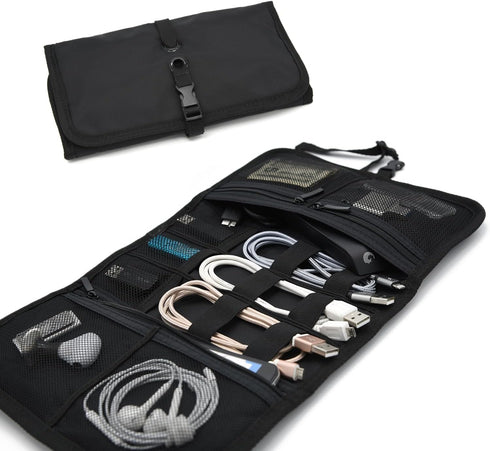 Patu Roll Up Electronics Accessories Travel Gear Organizer Case, Black, Portable Universal Kit Bag