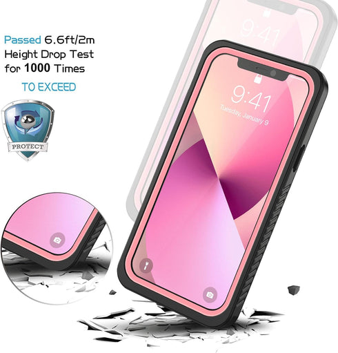 Lanhiem Waterproof Case for iPhone 12, Dustproof Shockproof with Built-in Screen Protector, Pink