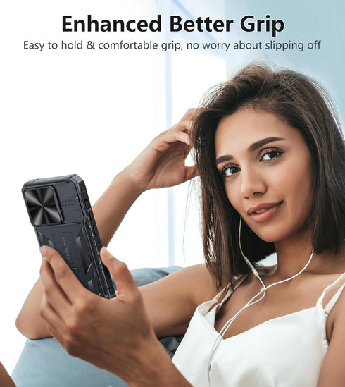 FNTCASE iPhone 15 Pro Case: Heavy Duty Black Bumper, Military Grade Drop Protection, Kickstand & Textured Grip.