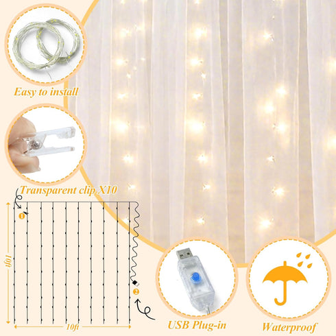 Ledido 1010ft 300LED Decoration(2 510ft)White White Tulle Backdrop Curtains with Lights String - Fairy Lights Sheer