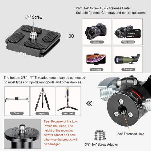 koolehaoda 360 1/4" 28mm 22lbs/10kg E1 Tripod Head Mini Ball Head Camera Panoramic Head with Screw Arca Type Quick