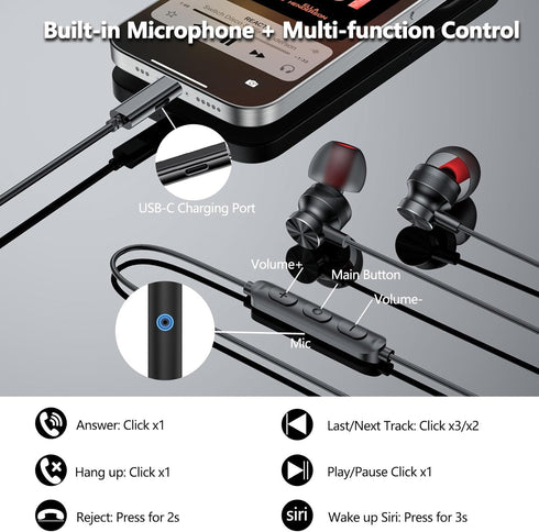 USB C Headphones with Charging for iPhone 15 Plus Pro Max, Samsung S24 S23 S22 A53 - Magnetic Wired Earbuds with Mic