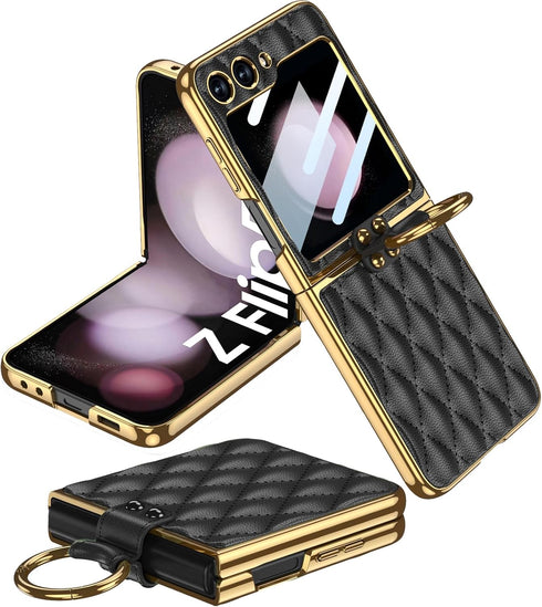 Miimall Samsung Galaxy Z Flip 5 5G Leather Case with Metal Ring Holder, Shockproof Tempered Glass Screen Protective
