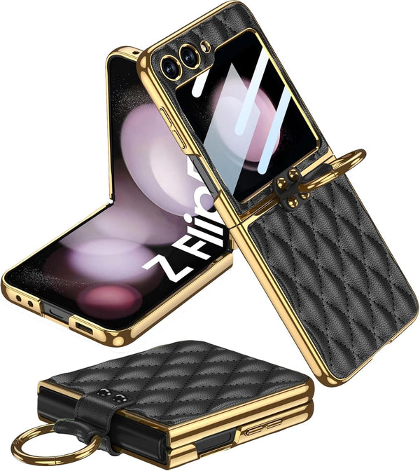 Miimall Samsung Galaxy Z Flip 5 5G Leather Case with Metal Ring Holder, Shockproof Tempered Glass Screen Protective