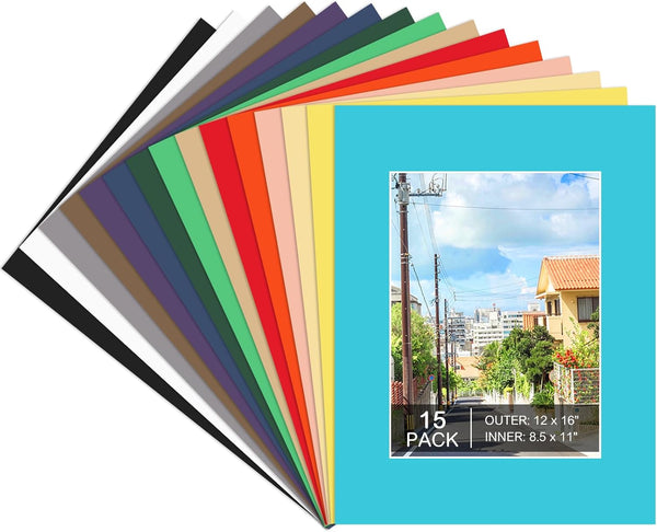 15 Pack 12x16 Picture Mats, Mixed Colors Frame Mattes for 8.5x11 Pictures