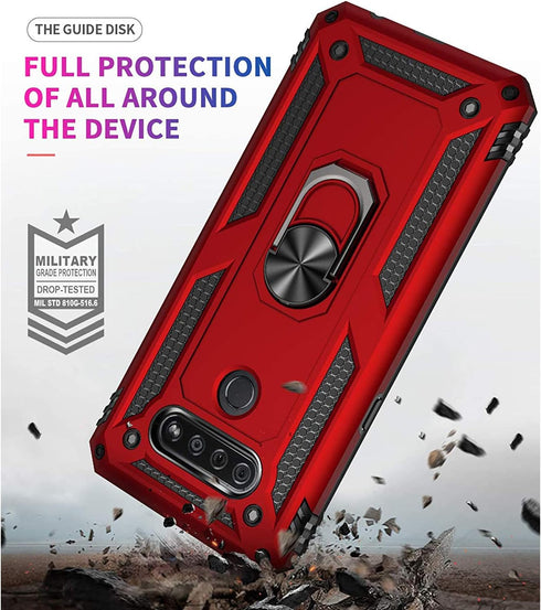 TJS Heavy Duty Drop Protector Phone Case for LG K51, Q51, Reflect, with Tempered Glass Screen Protector, Metal Ring &
