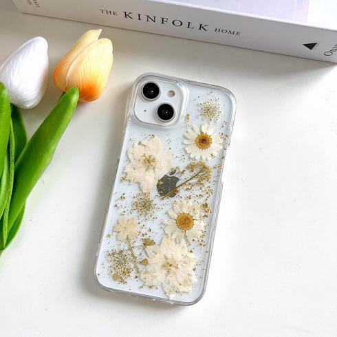 Clear Case for iPhone 13/14/15 with Pressed Real Flowers Design, Glitter Cute White Floral Pattern Soft TPU Cover