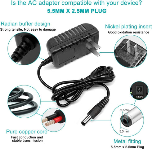 12V DC Adapter Power Cord fit for Theragun Liv, ONN 16 20" 30" 37" ONN Sound Bar Speaker, ONB18SB001, Onn 22" 100002487 24" ONA18HO015 100002480 Monitor Charger Replacement